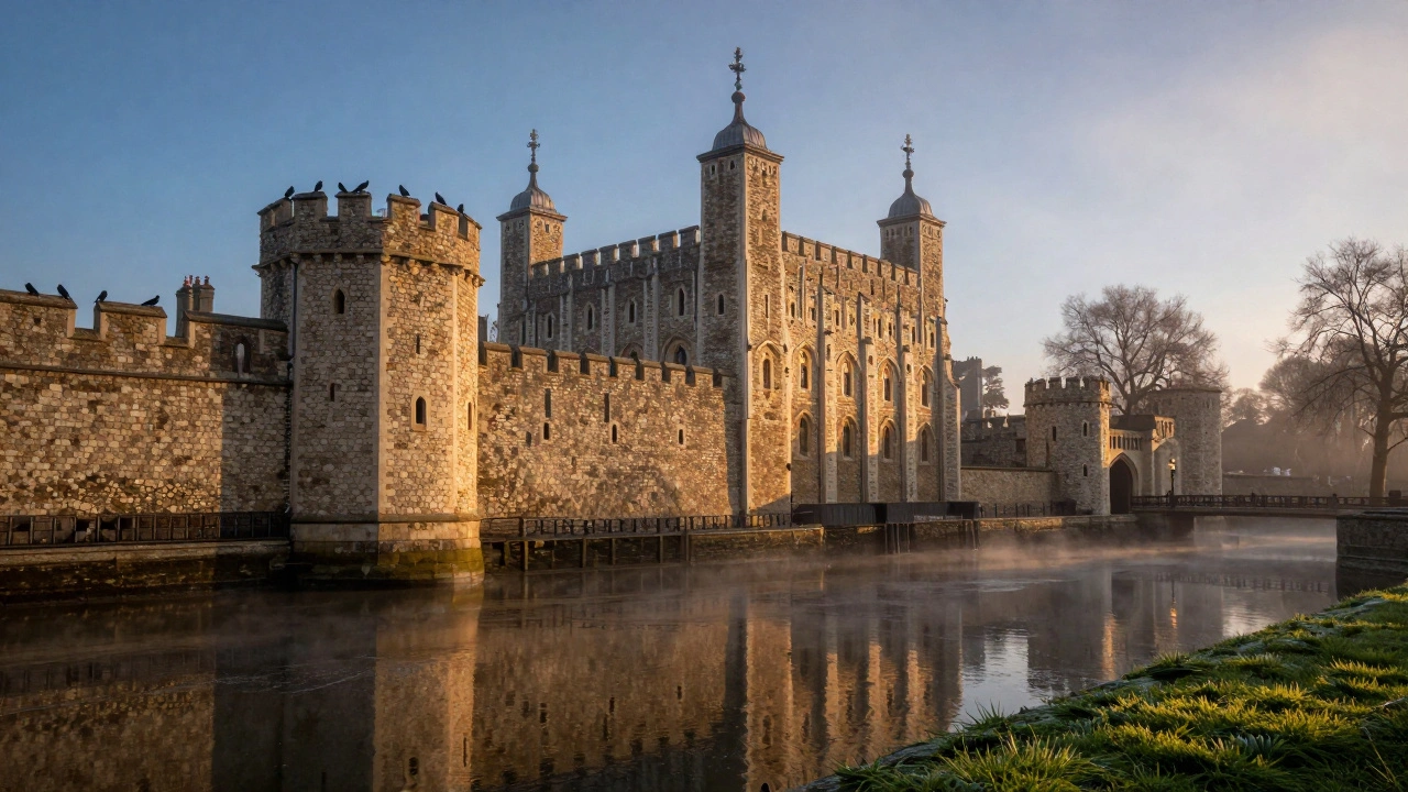Tower of London at dawn with mist rising from the moat and ravens on ancient walls.