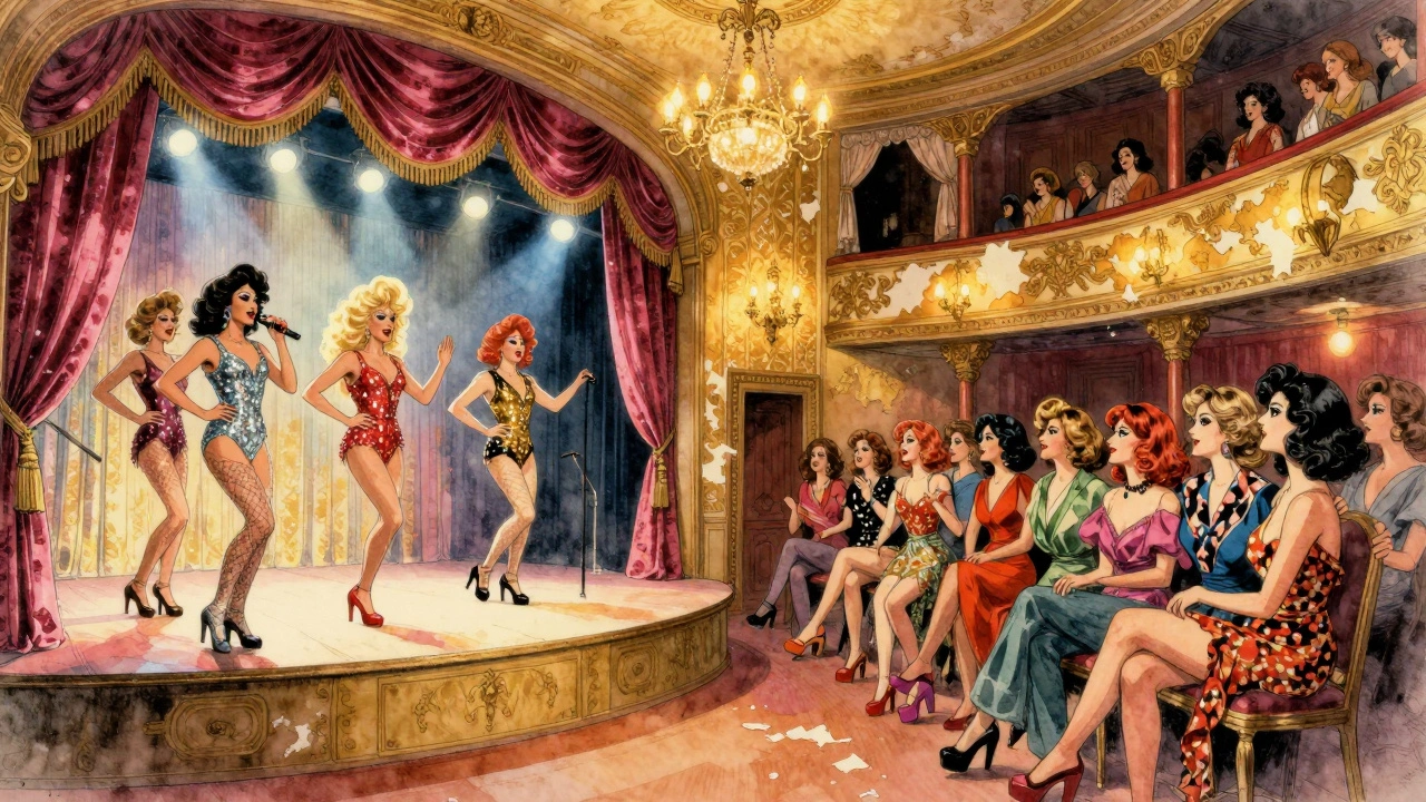 Vintage 1980s-style illustration of drag performers and partygoers in a glitter-filled theatre club.